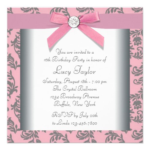 Pink Gray Swirl Damask Pink Sweet 16 Party Custom Invite