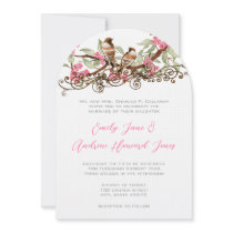 Pink & Gray Vintage Chickadees Wedding Invitation