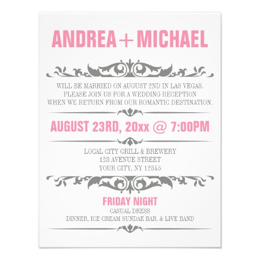 Pink & Gray Wedding Reception ONLY Invitations
