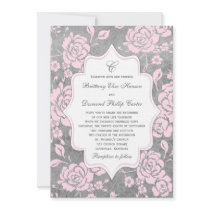 Pink Gray White Floral Damask Wedding Invitation