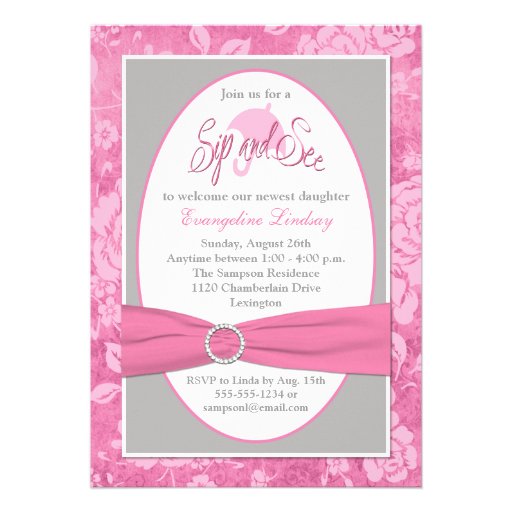 Pink Gray White Floral Sip and See Invitation