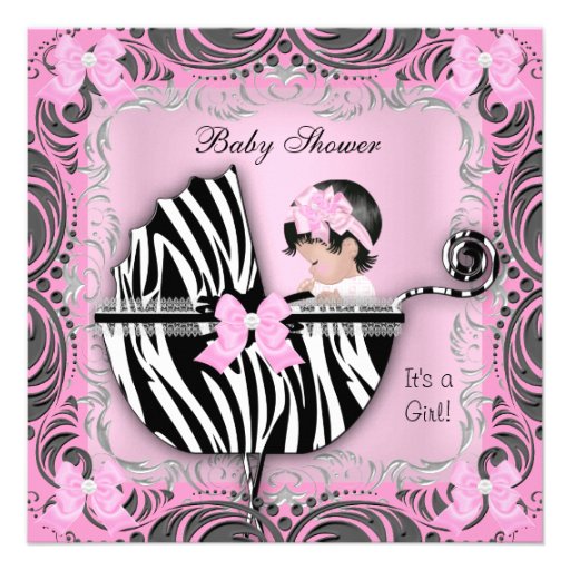 Pink Gray Zebra Baby Shower Cute Baby Girl Custom Announcements