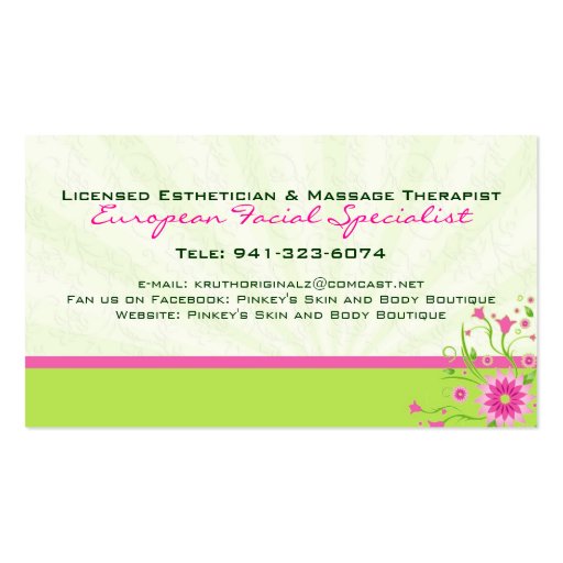 Pink & Green Abstract Floral Design 3 Business Card Template (back side)