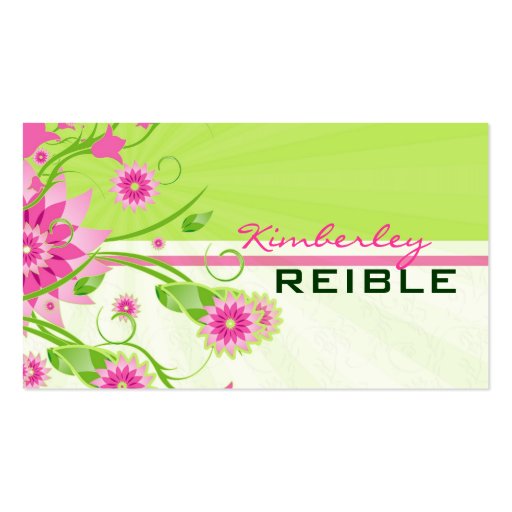 Pink & Green Abstract Floral Design 3 Business Card Template (front side)
