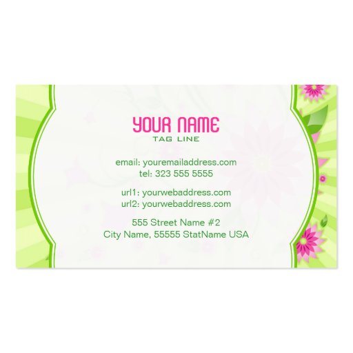 Pink & Green Abstract Floral Design Business Card Templates (back side)