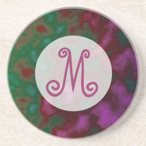 pink green abstract monogram beverage coaster