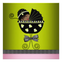 Pink Green African American Baby Girl Shower Personalized Announcements