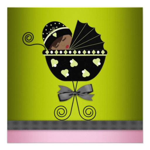 Pink Green African American Baby Girl Shower Personalized Announcements