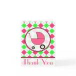 Pink & Green Argyle / Baby Carriage Thank You Card