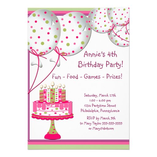 Pink Green Balloons Cake Girls 4th Birthday Party Custom Announcements