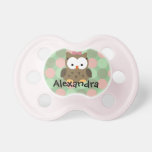 Pink/Green/Brown Owl, Personalized Girls Pacifier pacifiers