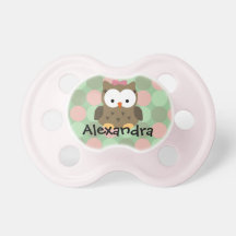 Pink/Green/Brown Owl, Personalized Girls Pacifier