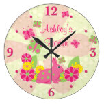 Pink Green Bunny Rabbit Butterflies Flowers Round Clocks