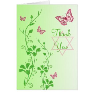Pink Green Butterfly Floral Thank You Note Card