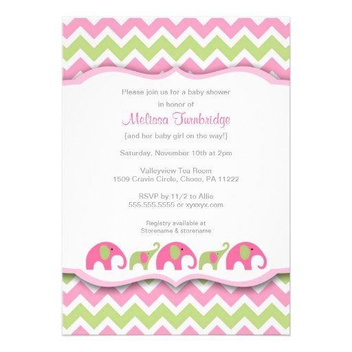 Pink & Green Chevron Elephants Baby Shower Invites