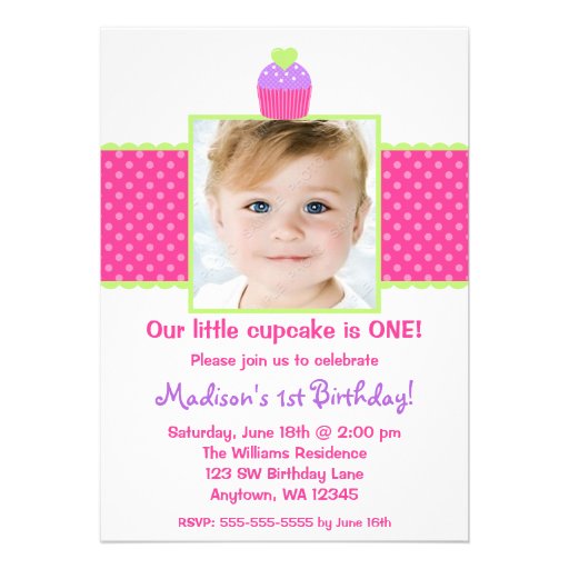 Pink Green Cupcake 1st Birthday Girl Photo Invites (front side)