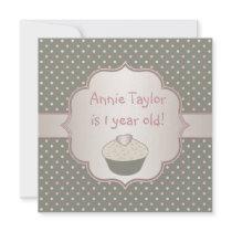 Pink Green Cupcake 1st Birthday Party Invitations