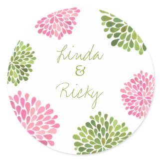 Pink & Green Dahlia Wedding Round Sticker Seal sticker