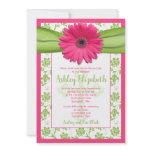 Pink Green Daisy Damask First Communion Invitation