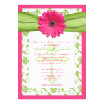 Pink Green Daisy Damask First Communion Invitation