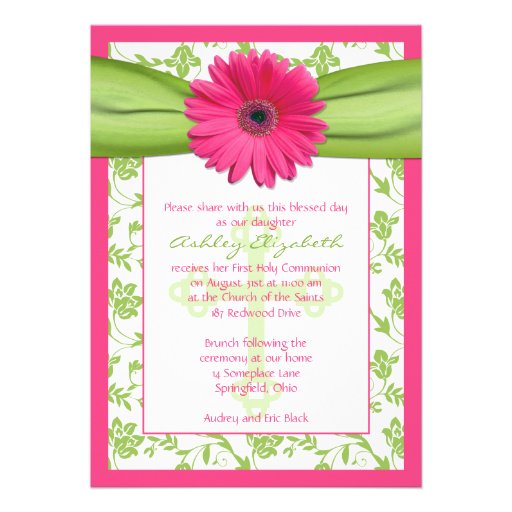Pink Green Daisy Damask First Communion Invitation