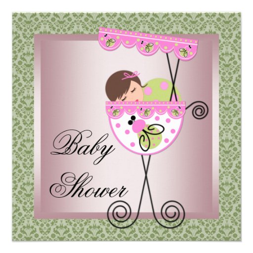 Pink Green Damask Baby Girl Shower Invitations (front side)