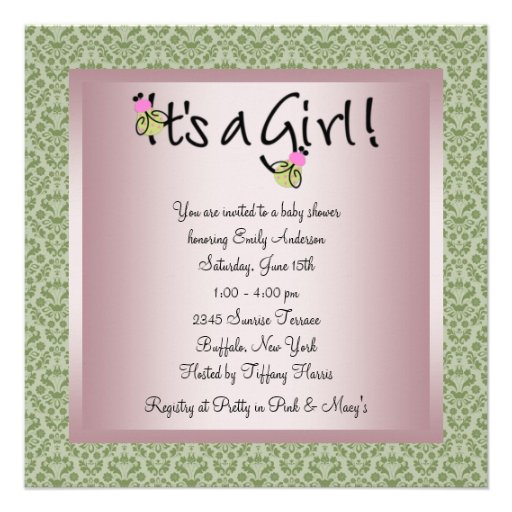 Pink Green Damask Baby Girl Shower Invitations