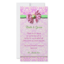 Pink green damask elegant wedding picture card