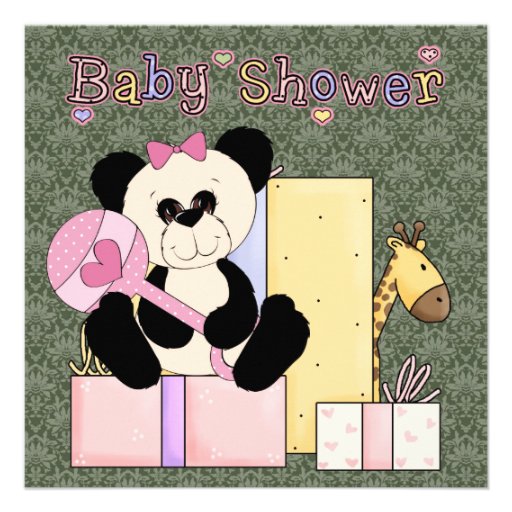 Pink Green Damask Teddy Bear Baby Girl Shower Personalized Announcements