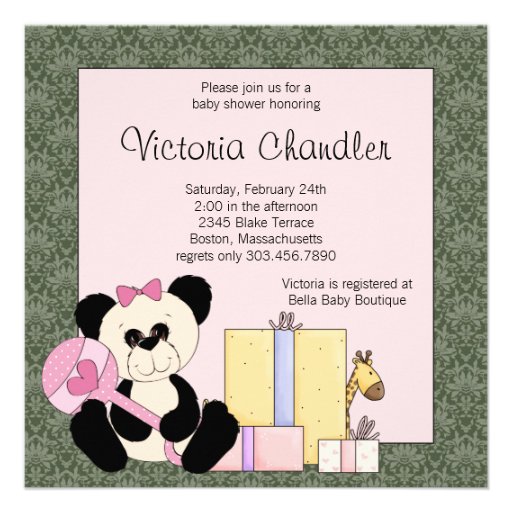 Pink Green Damask Teddy Bear Baby Girl Shower Personalized Announcements