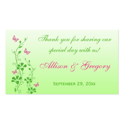 Pink, Green Floral, Butterflies Wedding Favor Tag Business Cards (front side)