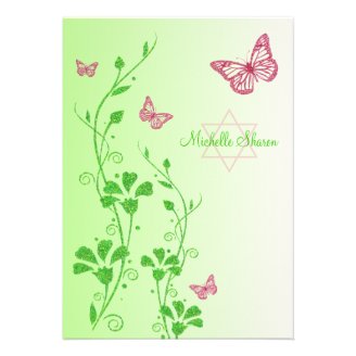 Pink, Green Floral Buttterflies Bat Mitzvah Invite