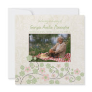 Pink green floral in memoriam photo flat card invitation