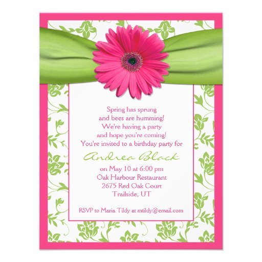 Pink Green Gerbera Daisy Birthday Invitation