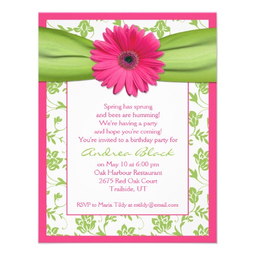 Pink Green Gerbera Daisy Birthday Invitation
