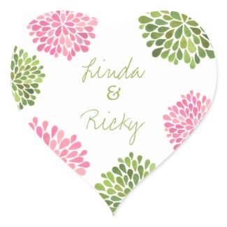 Pink & Green Heart Blooms Wedding Sticker Seal sticker