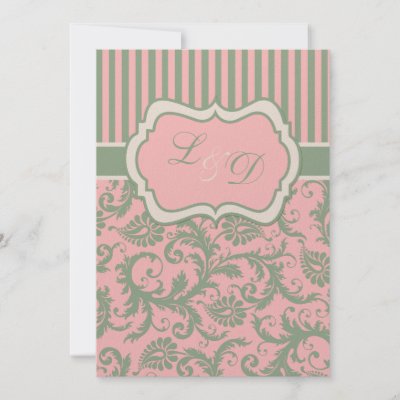 Pink Green Khaki Striped Damask Wedding Invite by NiteOwlStudio