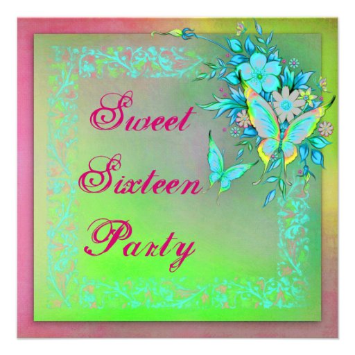 Pink Green Neon Grunge Butterfly Sweet 16 Birthday Announcement