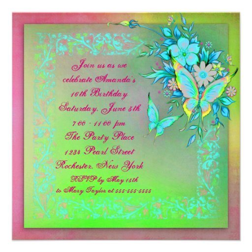 Pink Green Neon Grunge Butterfly Sweet 16 Birthday Announcement