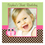Pink Green Owl Polka Dot 1st Birthday Girl Photo Personalized Announcements