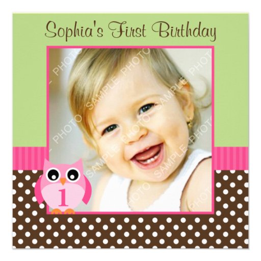 Pink Green Owl Polka Dot 1st Birthday Girl Photo Personalized Announcements