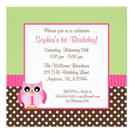 Pink Green Owl Polka Dot 1st Birthday Girl Photo Personalized Announcements