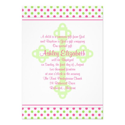Pink Green Polka Dot Baptism Invitation