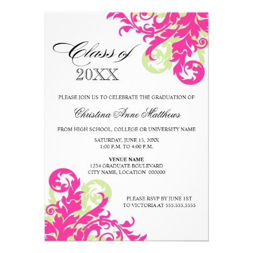 Pink Green Swirl Graduation Announcement (front side)