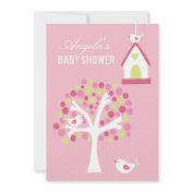 Pink Green White Birds & Tree Baby Shower Invite