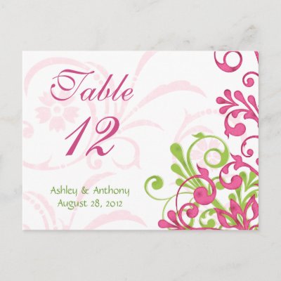 Pink Green White Floral Wedding Table Cards Post Card by wasootch