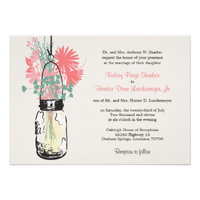 Pink & Green Wildflowers & Mason Jar Wedding Custom Invites