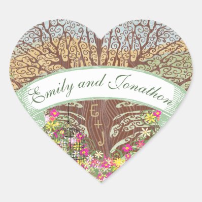 Pink Green Yellow Floral Brown Oak Tree Wedding Heart Sticker