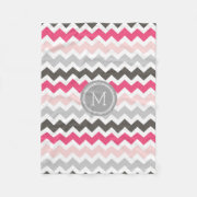 Pink Grey Chevron Pattern Monogram Blanket Fleece Blanket