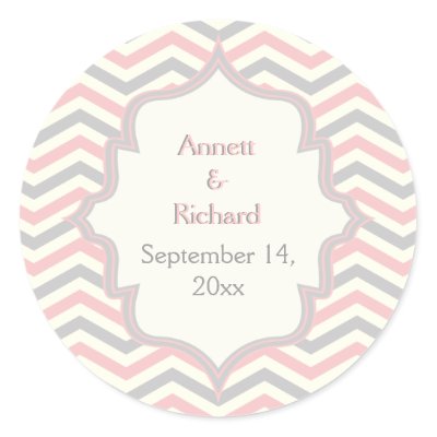 Pink, grey chevron zigzag wedding Save the Date Round Sticker